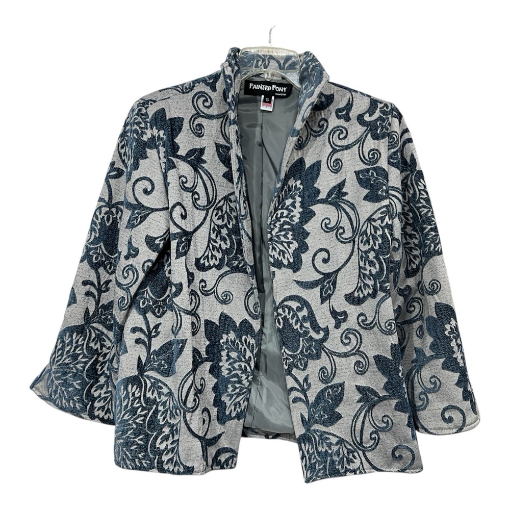 Vtg Painted Pony Tapestry Jacket‎ S Blue Gray Open Front Textured Cottage Boho